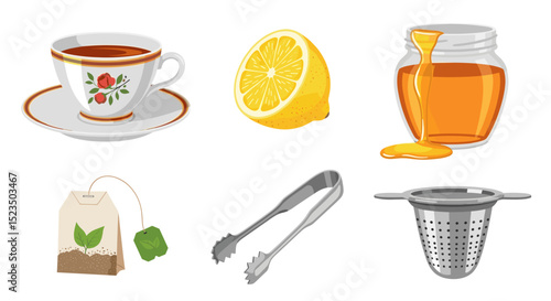 Still life illustration of tea cup, lemon, honey, tea bag, tongs, and tea infuser on a white background