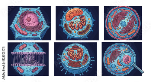 Illustrations of different cell structures including plant and animal cells with organelles shown