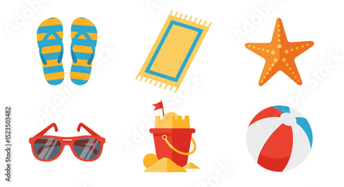 Illustration of beach essentials including flip flops towel starfish sunglasses sandcastle and beach ball