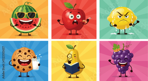 Cartoon fruits and cookie with expressions, watermelon with glasses, apple, lemon, cookie, pear and grapes