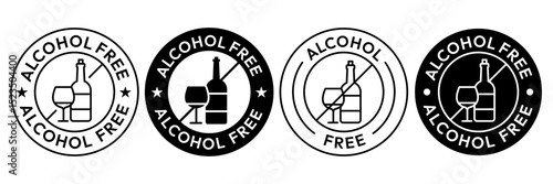Alcohol free icon set. No alcohol logo. Zero percent alcohol symbol. Alcohol free label product packaging design. Vector illustration.
