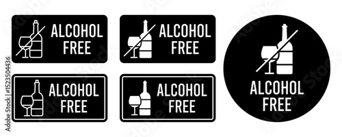 Alcohol free icon set. No alcohol logo. Zero percent alcohol symbol. Alcohol free label product packaging design. Vector illustration.