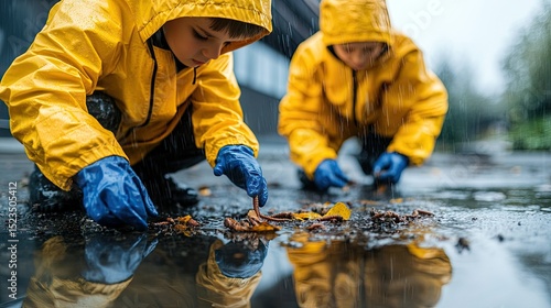 Two children in yellow raincoats examining fallen leaves in a puddle.