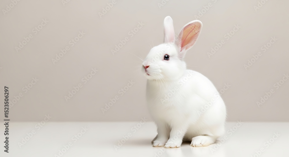 Fototapeta premium A pristine white rabbit sitting upright against a neutral studio backdrop