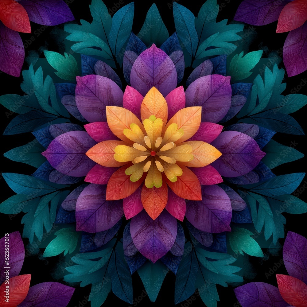 Obraz premium Intricate Multicolored Flower Mandala on Black Background