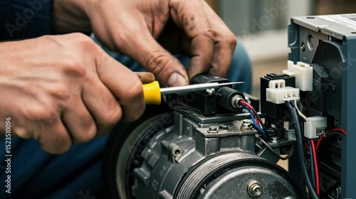 Mechanic repairs appliance with screwdriver and precision