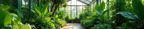 A vibrant green house filled with lush, healthy plants thriving under the glass roof and side panels, bathed in sunlight , building, irrigation