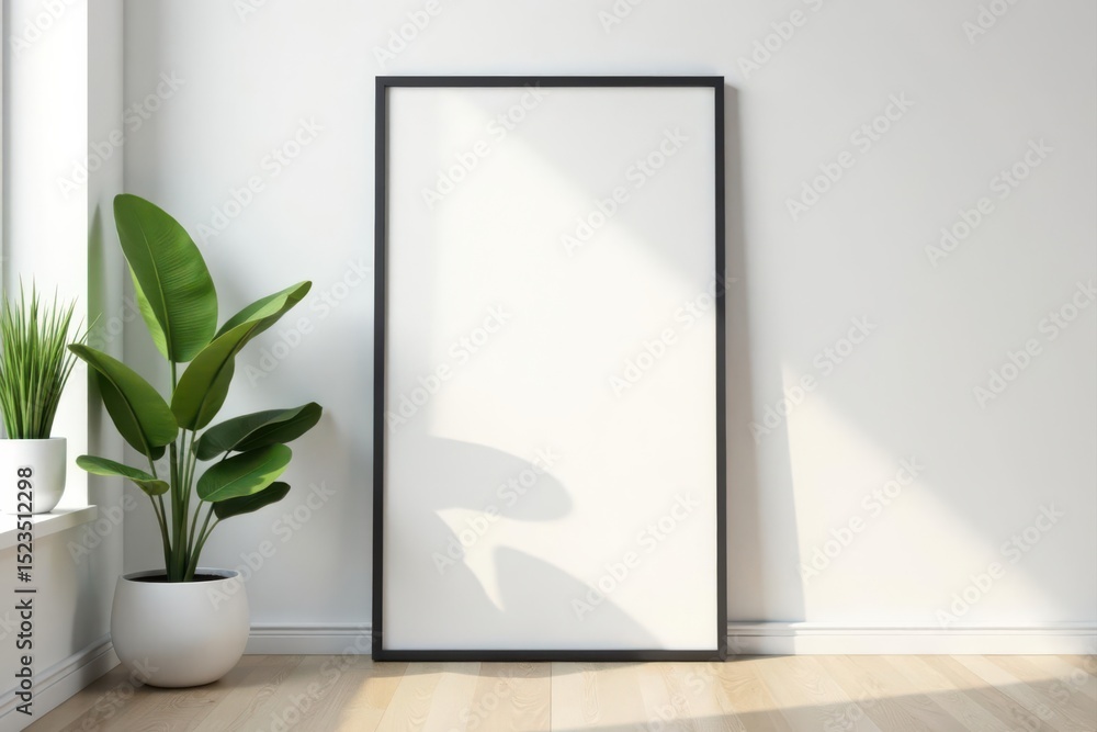 Sleek black frame on white wall, empty room, green plants on wood floor , clean, home Sleek black frame on white wall, empty room, green plants on wood floor , clean, home