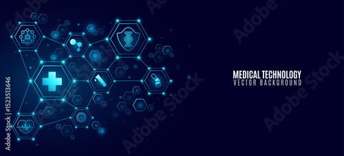 Abstract medical technology featuring interconnected glowing hexagons with healthcare icons. Ideal for digital health, diagnostics, AI in medicine, and scientific innovation. Vector illustration.