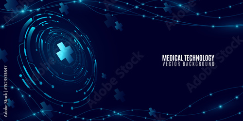 Healthcare medical technology background with digital interface elements. Features glowing blue HUD circles with cross symbol and dynamic light lines on a dark blue backdrop. Vector illustration.