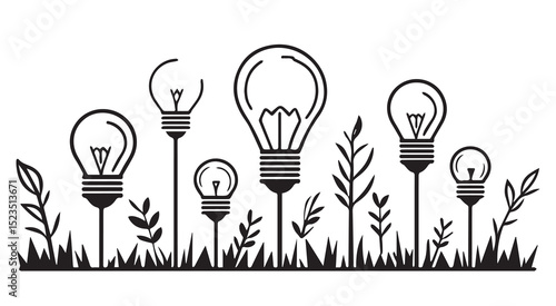 Light bulbs growing in grass ideas innovation concept