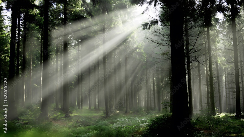 Obraz premium Sunlight piercing through a dense forest