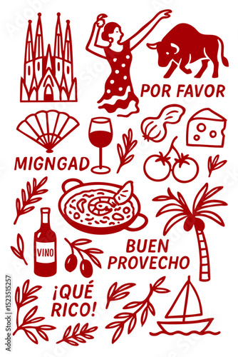 Popular Spanish Menu for Restaurant Cafe on Board  Cuisine Icons Symbols Illustrated