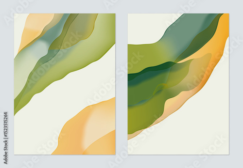 Minimalist abstract background, flowing forms with a translucent watercolor e...
