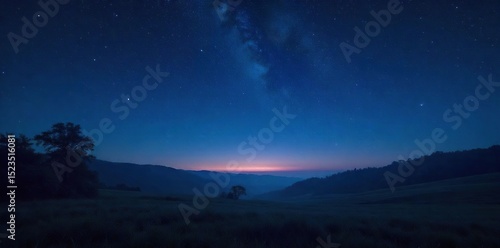 Serene midnight scene, dark sky filled with stars above a tranquil landscape Perfect for themes of peace, night, mystery, and dreams , mystery, moonlit