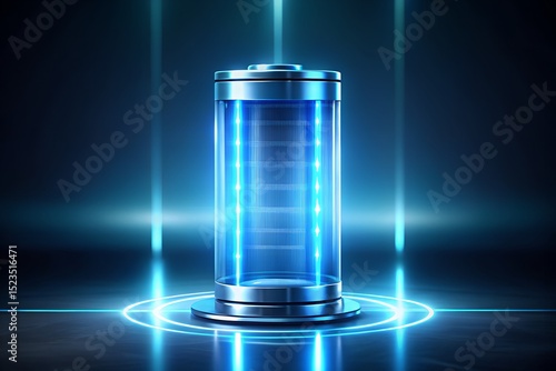 Clean energy battery glowing with bright blue light in futuristic storage concept
