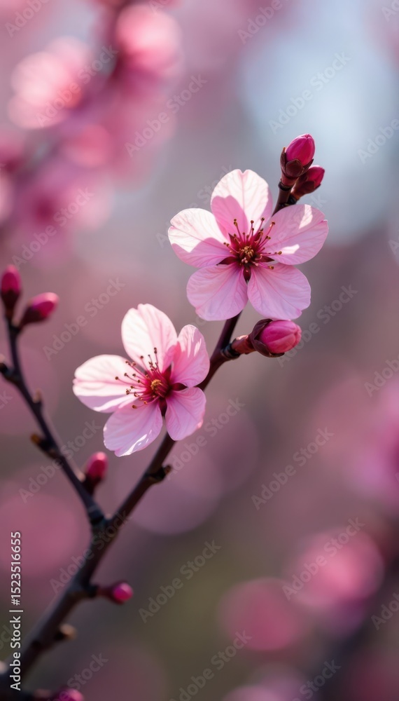 Obraz premium Single blossoming cherry branch, pink flowers & buds, nature , romantic, botanical, pink flowers