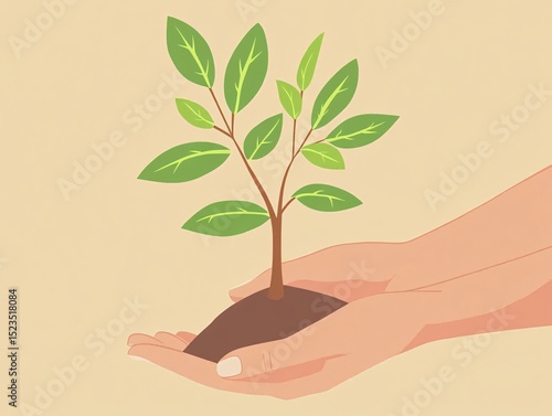 Hands planting a small tree nature illustration minimalist close-up growth concept
