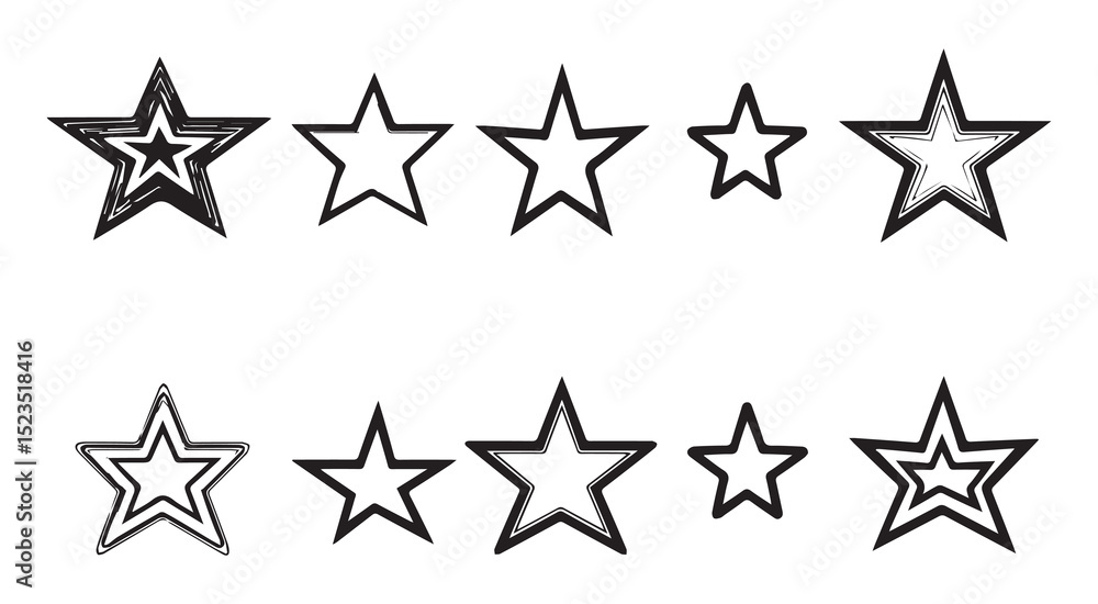 Ten black star shapes varying sizes styles Ten black star shapes varying sizes styles