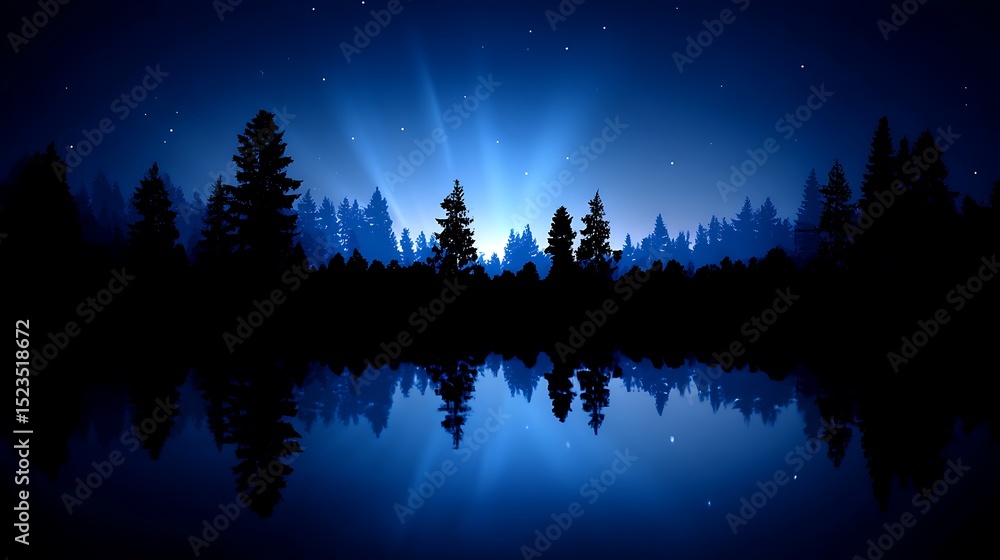 Naklejka premium Night reflection in forest lake scenery