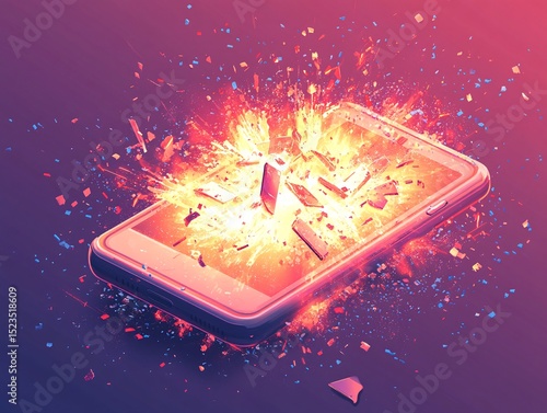 Explosive smartphone battery failure digital realm isometric art vibrant colors high-impact viewpoint technology concept