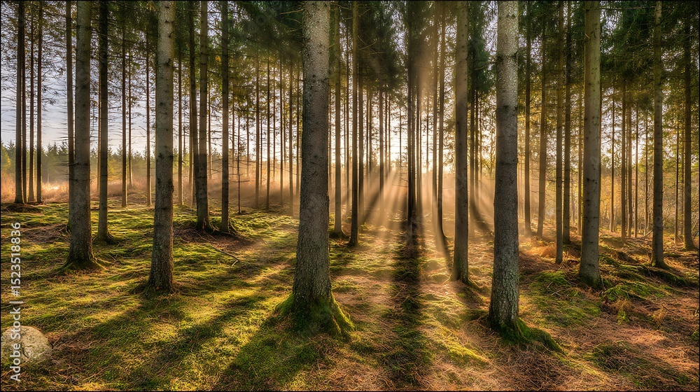 Obraz premium Sunlight filters through enchanting forest trees