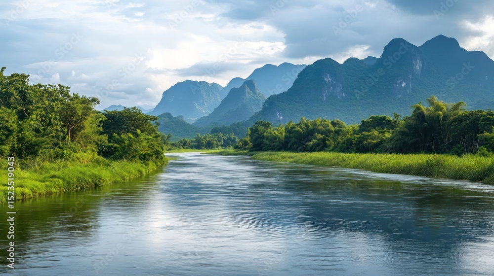 Serene river winding through lush mountains. Serene river winding through lush mountains.