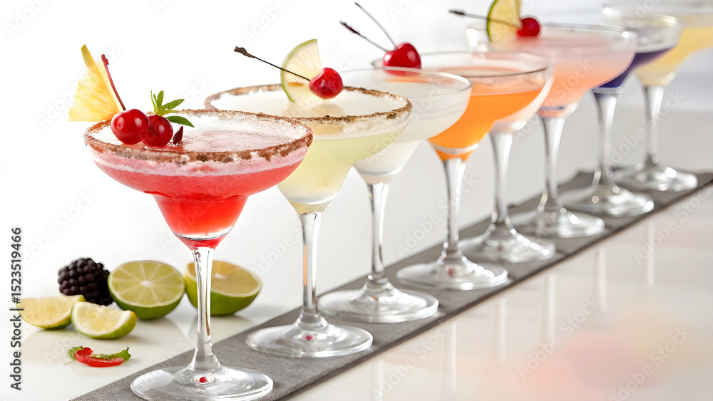 A Row of Colorful Cocktails in Martini Glasses – Elegant Drink Presentation on White Background
A Row of Colorful Cocktails in Martini Glasses – Elegant Drink Presentation on White Background