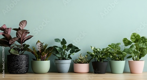 Wallpaper Mural Various houseplants displayed in modern pots against a mint-colored wall. Torontodigital.ca