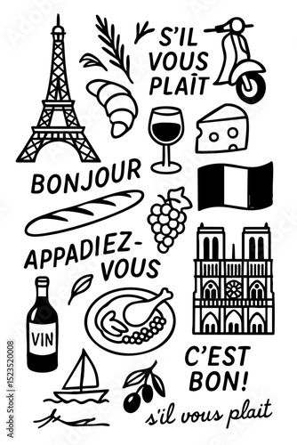 Popular France Menu for Restaurant Cafe on Board  Cuisine Icons Symbols Illustrated