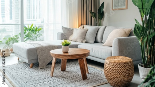 Bright room with gray sofa, plants, and a small coffee table in warm wood tones for a naturally calming atmosphere