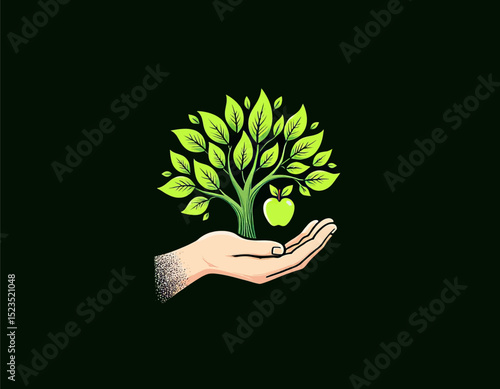 Hand Holding Green Apple Tree on Black Background