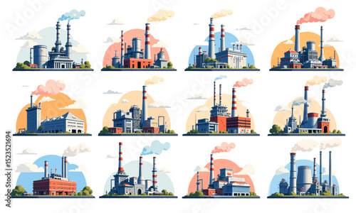 Industrial Factories Emitting Smoke in Various Scenarios