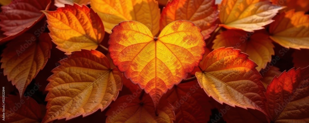 Fototapeta premium Crisp autumn leaves, predominantly brown, with a vibrant yellow heart , earth, leaves pile, organic