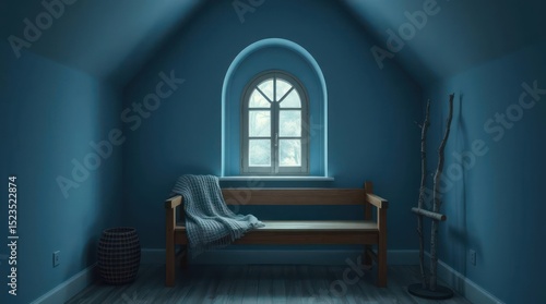 Serene blue-walled room with wooden bench, cozy blanket, and natural light from arched window
