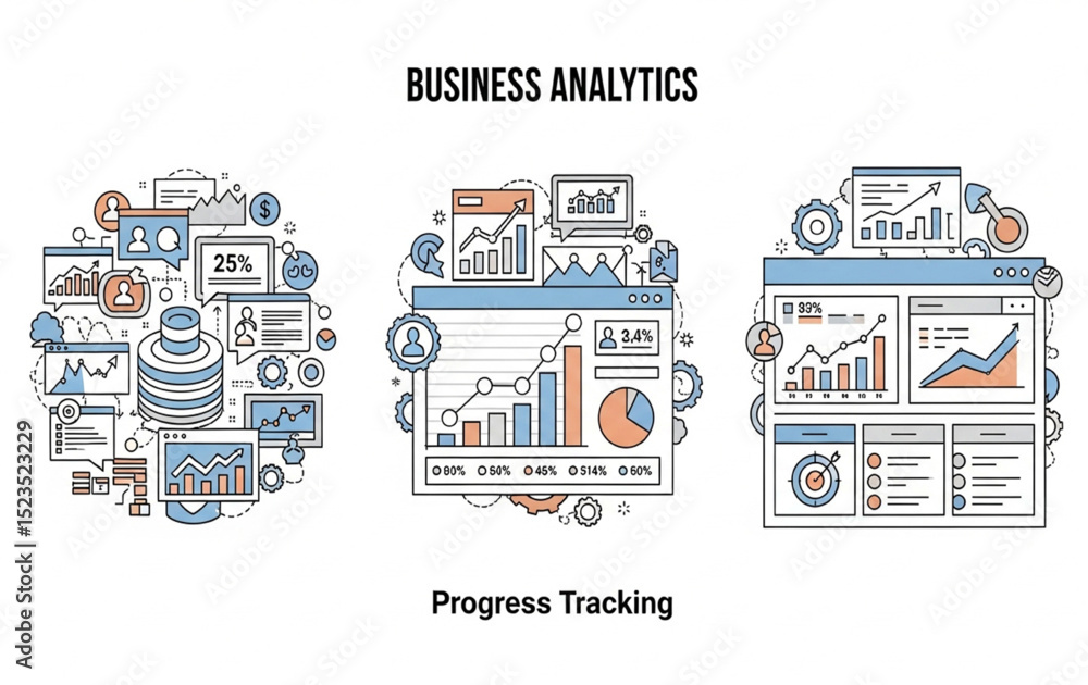 Naklejka premium Business Analytics and Progress Tracking Line Art Vector Icons | Data Visualization for Reports, Presentations, Dashboards, and Business Intelligence Applications