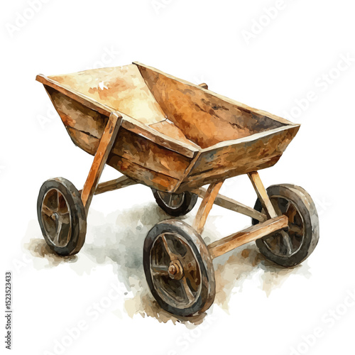 Rustic Wooden Wheelbarrow, watercolor painting vector, high quality, isolated on a white background.