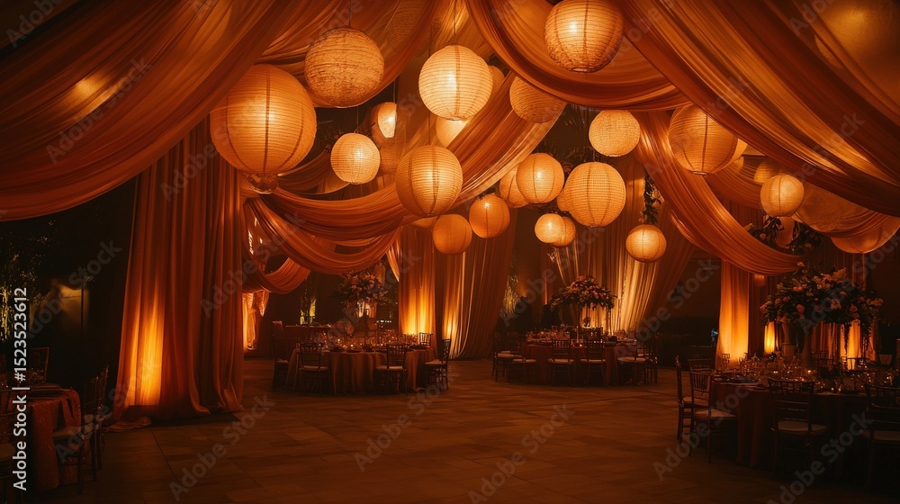 Obraz premium An elegant event space with paper lanterns and draping fabric