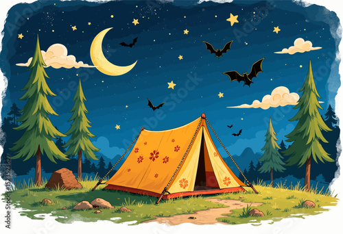 Nighttime Camping in Whimsical Forest Under Moonlit Sky