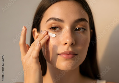 Close up of a young woman putting cream on her under eye area against a beige backdrop.