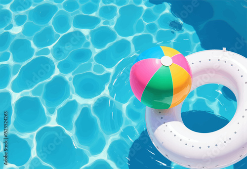 Poolside Serenity: Rainbow Beach Ball and White Float in Shimmering Water