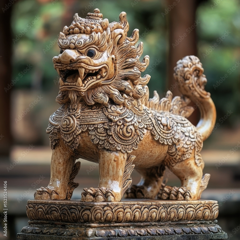 Fototapeta premium Intricate Beige Stone Lion Statue in Outdoor Setting
