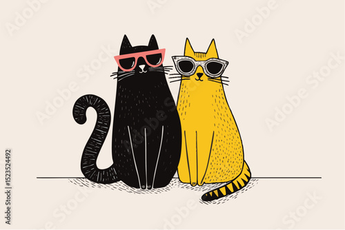 illustration of cool summer cats wearing sunglasses. hand drawn cartoon style