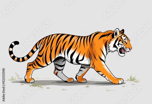 Stalking Tiger in Grassland Under Clear Sky