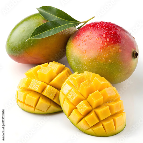 Freshly cut mangoes with whole mango fruits and leaves on a clean white background