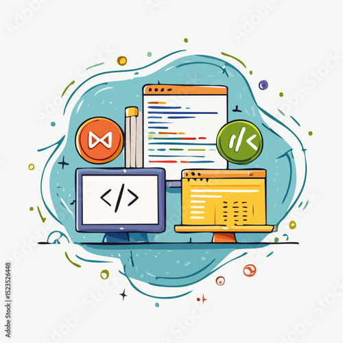Minimalist Illustration of Popular Coding Languages HTML, CSS, JavaScript, Python, and Web Development Concepts