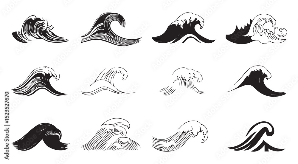 Twelve ocean wave illustrations black ink drawings Twelve ocean wave illustrations black ink drawings