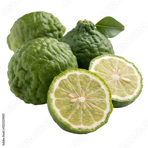 Freshly cut bergamot citrus fruit with several whole bergamots against a black background