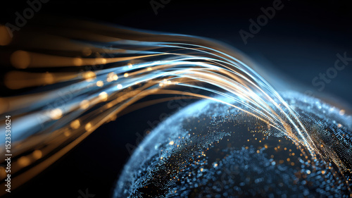 Abstract 6G waveforms flowing around digital globe, futuristic data transmission