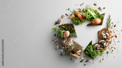 Circular economy concept with arrows transforming food waste into energy and compost, symbolic eco design